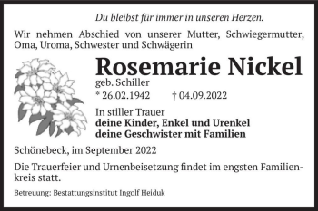 Traueranzeige von Rosemarie Nickel (geb. Schiller)  von Magdeburger Volksstimme