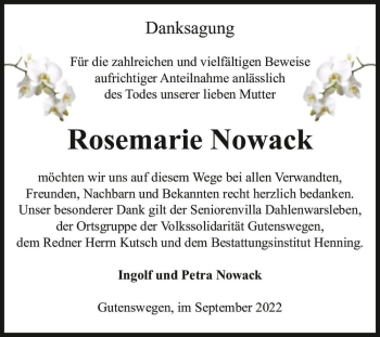 Traueranzeige von Rosemarie Nowack  von Magdeburger Volksstimme