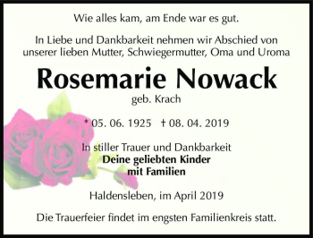 Traueranzeige von Rosemarie Nowack (geb. Krach)  von Magdeburger Volksstimme