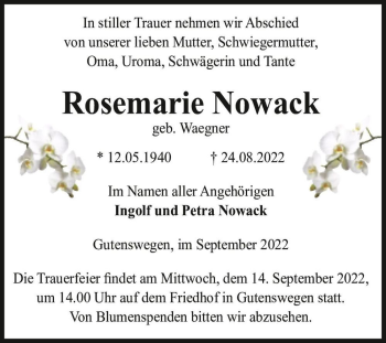 Traueranzeige von Rosemarie Nowack (geb. Waegner)  von Magdeburger Volksstimme
