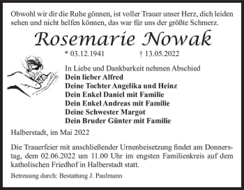 Traueranzeige von Rosemarie Nowak  von Magdeburger Volksstimme