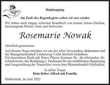 Traueranzeige von Rosemarie Nowak  von Magdeburger Volksstimme