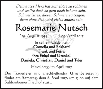 Traueranzeige von Rosemarie Nutsch  von Magdeburger Volksstimme