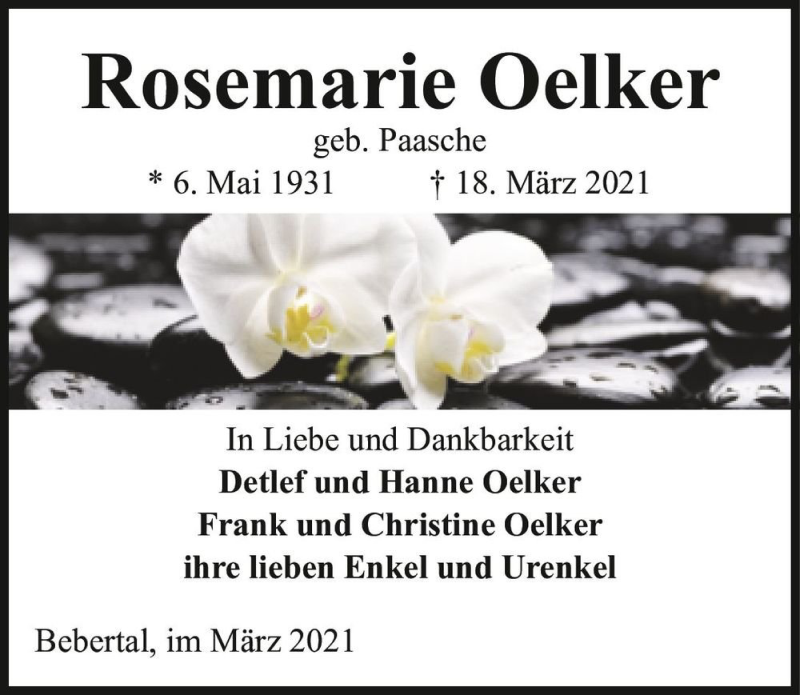  Traueranzeige für Rosemarie Oelker (geb. Paasche)  vom 23.03.2021 aus Magdeburger Volksstimme