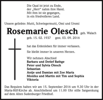 Traueranzeige von Rosemarie Olesch (geb. Walach)  von Magdeburger Volksstimme
