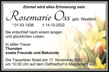 Traueranzeige von Rosemarie Oss (geb. Westfeld)  von Magdeburger Volksstimme