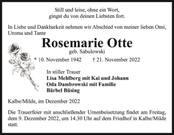 Traueranzeige von Rosemarie Otte (geb. Sabulowski)  von Magdeburger Volksstimme