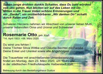 Traueranzeige von Rosemarie Otto (geb. Kraft)  von Magdeburger Volksstimme