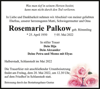 Traueranzeige von Rosemarie Palkow (geb. Römmling)  von Magdeburger Volksstimme