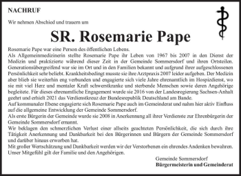 Traueranzeige von Rosemarie Pape  von Magdeburger Volksstimme
