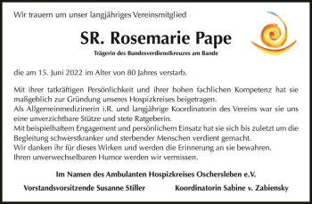 Traueranzeige von Rosemarie Pape  von Magdeburger Volksstimme