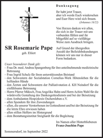 Traueranzeige von Rosemarie Pape (geb. Ehlert)  von Magdeburger Volksstimme