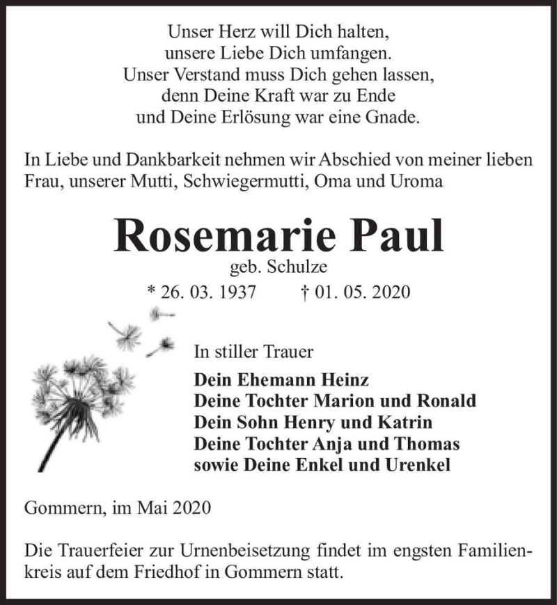 Traueranzeige für Rosemarie Paul (geb. Schulze)  vom 09.05.2020 aus Magdeburger Volksstimme