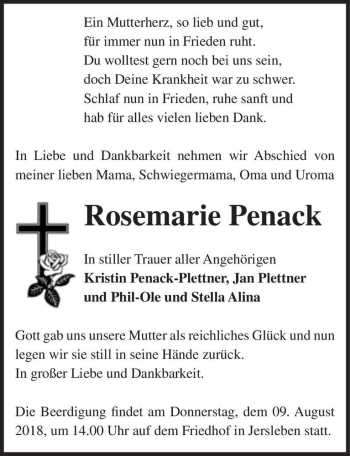 Traueranzeige von Rosemarie Penack  von Magdeburger Volksstimme