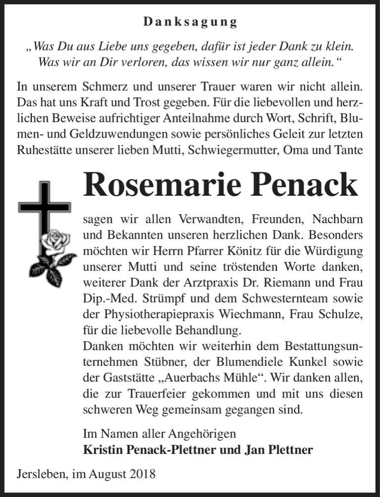  Traueranzeige für Rosemarie Penack  vom 18.08.2018 aus Magdeburger Volksstimme
