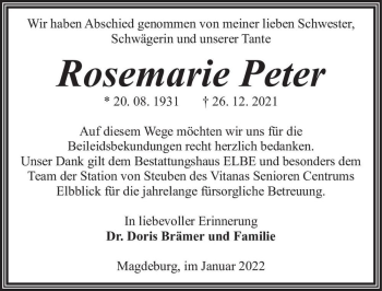 Traueranzeige von Rosemarie Peter  von Magdeburger Volksstimme