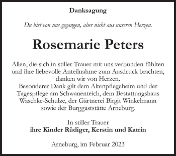 Traueranzeige von Rosemarie Peters  von Magdeburger Volksstimme