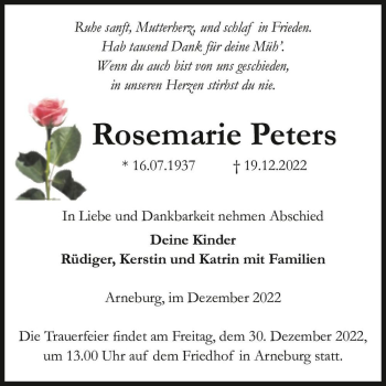 Traueranzeige von Rosemarie Peters  von Magdeburger Volksstimme