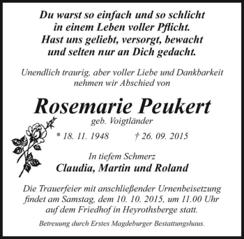 Traueranzeige von Rosemarie Peukert (geb. Voigtländer)  von Magdeburger Volksstimme