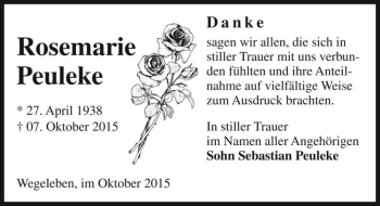 Traueranzeige von Rosemarie Peuleke  von Magdeburger Volksstimme