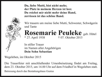 Traueranzeige von Rosemarie Peuleke (geb. Hütel)  von Magdeburger Volksstimme
