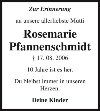 Traueranzeige von Rosemarie Pfannenschmidt  von Magdeburger Volksstimme