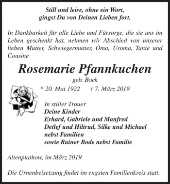 Traueranzeige von Rosemarie Pfannkuchen (geb. Bock)  von Magdeburger Volksstimme