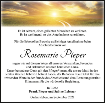 Traueranzeige von Rosemarie Pieper  von Magdeburger Volksstimme