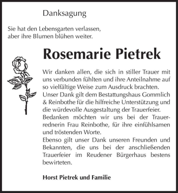 Traueranzeige von Rosemarie Pietrek  von Magdeburger Volksstimme