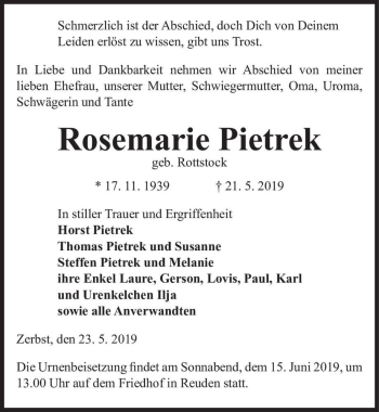 Traueranzeige von Rosemarie Pietrek (geb. Rottstock)  von Magdeburger Volksstimme