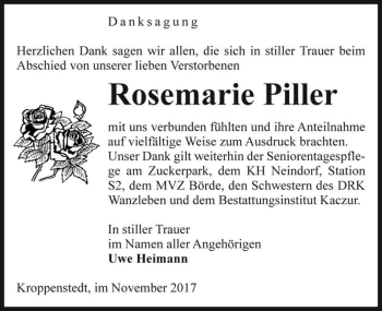 Traueranzeige von Rosemarie Piller  von Magdeburger Volksstimme