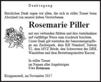 Traueranzeige von Rosemarie Piller  von Magdeburger Volksstimme