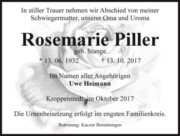 Traueranzeige von Rosemarie Piller (geb. Stange)  von Magdeburger Volksstimme