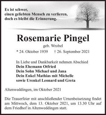 Traueranzeige von Rosemarie Pingel (geb. Wrobel)  von Magdeburger Volksstimme