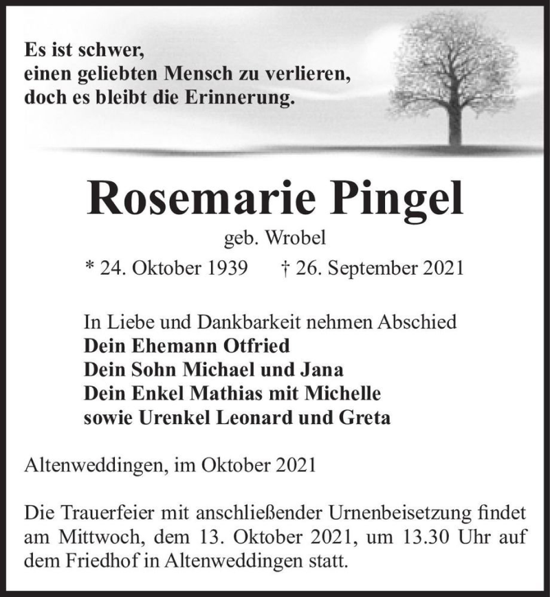  Traueranzeige für Rosemarie Pingel (geb. Wrobel)  vom 02.10.2021 aus Magdeburger Volksstimme