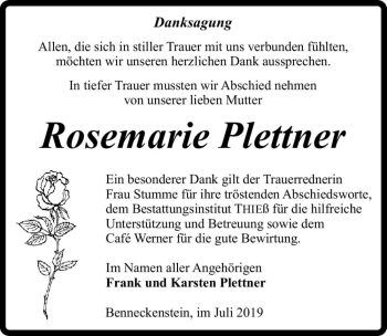 Traueranzeige von Rosemarie Plettner  von Magdeburger Volksstimme