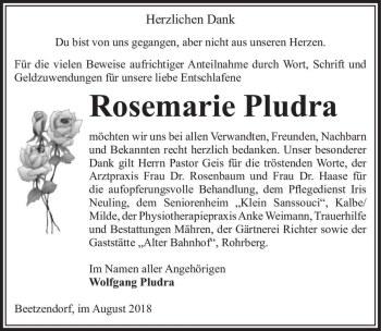 Traueranzeige von Rosemarie Pludra  von Magdeburger Volksstimme