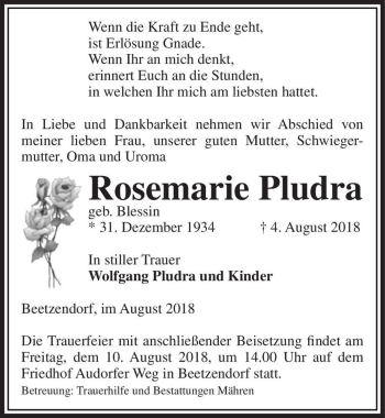 Traueranzeige von Rosemarie Pludra (geb. Blessin)  von Magdeburger Volksstimme