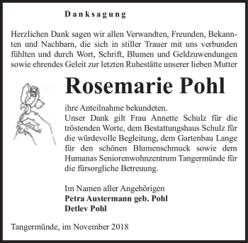 Traueranzeige von Rosemarie Pohl  von Magdeburger Volksstimme