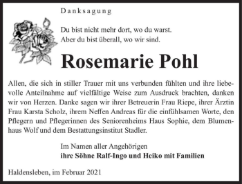 Traueranzeige von Rosemarie Pohl  von Magdeburger Volksstimme