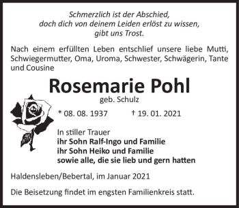 Traueranzeige von Rosemarie Pohl (geb. Schulz)  von Magdeburger Volksstimme