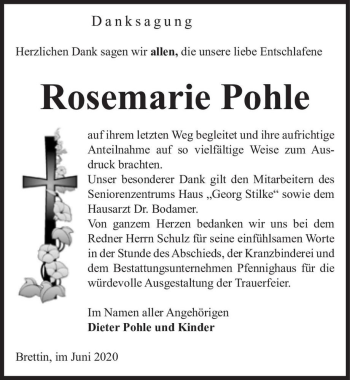 Traueranzeige von Rosemarie Pohle  von Magdeburger Volksstimme