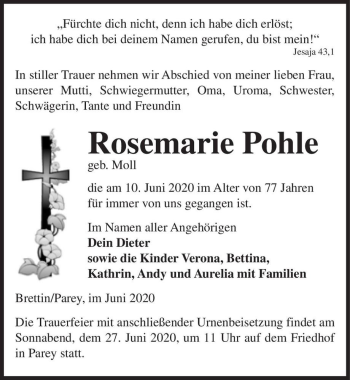 Traueranzeige von Rosemarie Pohle (geb. Moll)  von Magdeburger Volksstimme