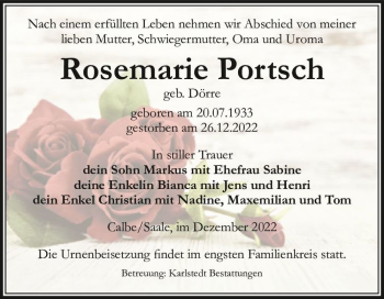 Traueranzeige von Rosemarie Portsch (geb. Dörre)  von Magdeburger Volksstimme