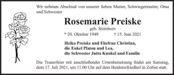 Traueranzeige von Rosemarie Preiske (geb. Steinborn)  von Magdeburger Volksstimme