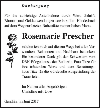 Traueranzeige von Rosemarie Prescher  von Magdeburger Volksstimme