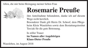Traueranzeige von Rosemarie Preuße  von Magdeburger Volksstimme