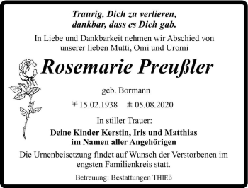 Traueranzeige von Rosemarie Preußler (geb. Bormann)  von Magdeburger Volksstimme