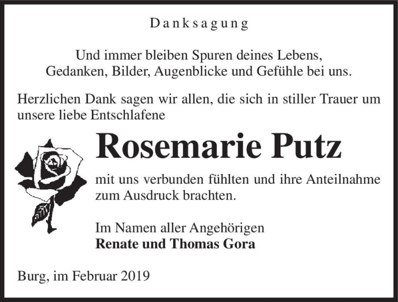  Traueranzeige für Rosemarie Putz  vom 23.02.2019 aus Magdeburger Volksstimme