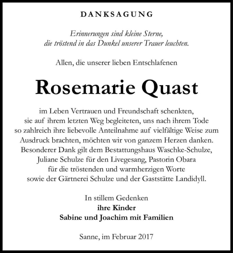  Traueranzeige für Rosemarie Quast  vom 16.02.2017 aus Magdeburger Volksstimme